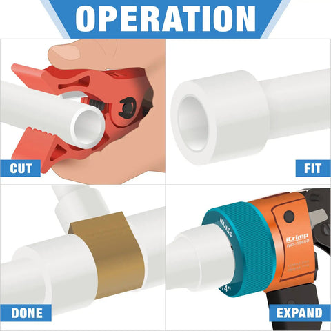 Operation steps for PEX Expansion Tool Kit With Auto Rotate Expander For One Half Inch Tubing Fits Uponor Wirsbo ProPEX Sleeves And Fittings