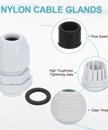 PG7 Nylon Cable Glands Waterproof Cord Grip Connector Kit, showing thick sealing ring, tightening jaws, and clear thread detail, white