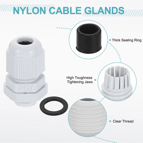 PG7 Nylon Cable Glands Waterproof Cord Grip Connector Kit, showing thick sealing ring, tightening jaws, and clear thread detail, white