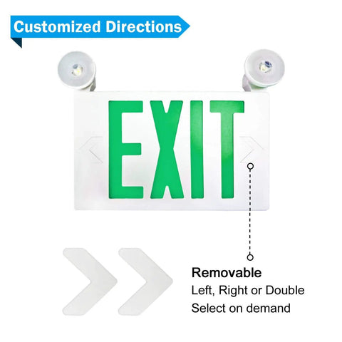 LED Exit Sign Battery Backup Emergency Light With Two Lamp Heads, Green Fire Exit Sign With Emergency Lights, customizable arrows