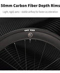 50mm carbon fiber depth rims on lightweight carbon road bike with T1000 reinforced frame and carbon fork in black and gray
