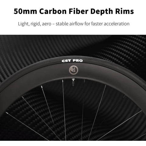 50mm carbon fiber depth rims on lightweight carbon road bike with T1000 reinforced frame and carbon fork in black and gray