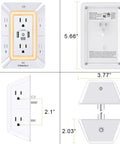 Six Outlet Wall Mount Extender With Three Sided Design And One Usb C Fast Charger Paired With A Soft Led Night Light. Dimensions shown.