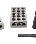 Front view of two Accusize Ultra Precision 1-2-3 blocks with screws and L-key; aluminum blocks with threaded holes.
