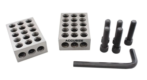 Front view of two Accusize Ultra Precision 1-2-3 blocks with screws and L-key; aluminum blocks with threaded holes.