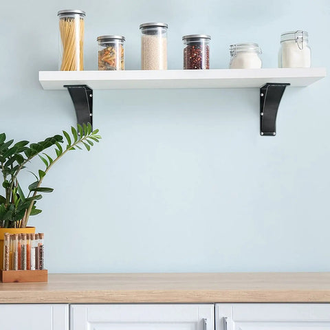 Heavy Duty Shelf Brackets 10 By 12 By 2.5 Inch Two Pack, Steel Triangle Mantel Brackets, DIY Metal Shelf Brackets Matte Black, Supports Up To 450 Pounds holding a white shelf with jars