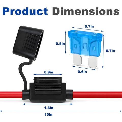 Rig Ready And Street Trusted Four Pack Inline Fuse Holder Kit With 12AWG Harness dimensions shown, fuse holder and blade fuses highlighted.
