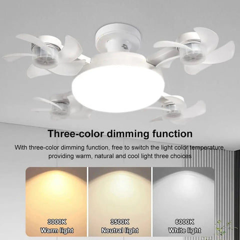 Totally Slick Remote Controlled Ceiling Fan Light Combo with three-color dimming and compact design for versatile home use.