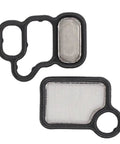VTEC Variable Timing Solenoid Gasket And Spool Valve Filter Kit For Acura And Honda Engines Including RDX RSX TSX Accord CRV Fit Element VTC Screen Replacement With Valve To Head And Front Of Head Setup showing two gaskets and mesh screens