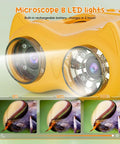 Cool 2-In-1 Kids Microscope And Telescope With 1000X Digital Zoom, HD Portable Science Toy For Ages 4-12, Learn Plants Insects And Birds, Educational Birthday Gift, Yellow, front view with 8 LED lights