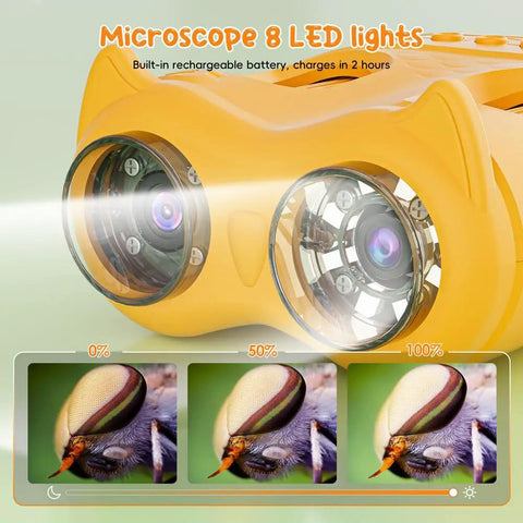 Cool 2-In-1 Kids Microscope And Telescope With 1000X Digital Zoom, HD Portable Science Toy For Ages 4-12, Learn Plants Insects And Birds, Educational Birthday Gift, Yellow, front view with 8 LED lights