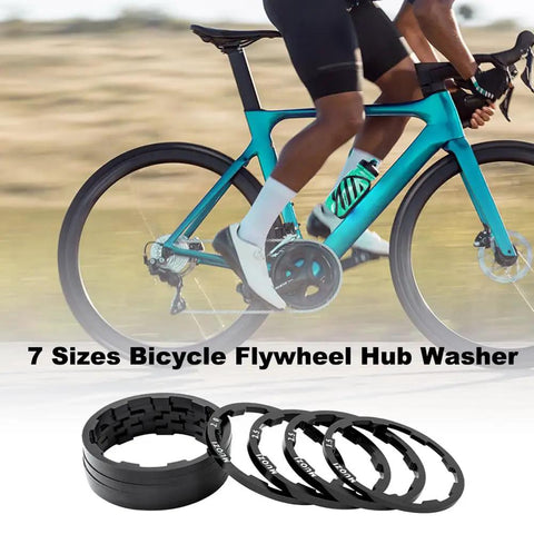 Cyclist with 8 Piece Aluminum Alloy Bike Flywheel Hub Washer Spacer Set With Seven Sizes 1.0mm 1.5mm 1.85mm 2.0mm 2.18mm 2.35mm 2.5mm