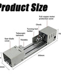 Tiny Powerhouse Mini Lathe For DIY Metal Wood Stone Projects showing detailed parts and dimensions, all-metal design, compact 300mm size.
