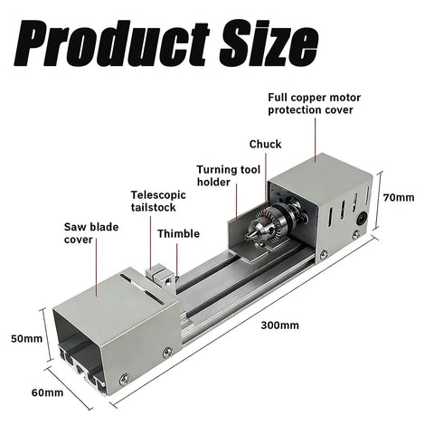 Tiny Powerhouse Mini Lathe For DIY Metal Wood Stone Projects showing detailed parts and dimensions, all-metal design, compact 300mm size.