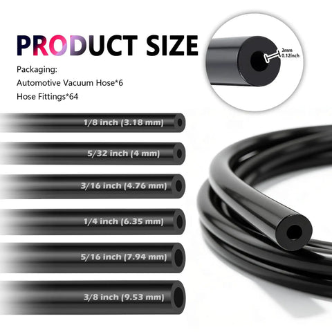 Six Piece Five Foot Vacuum Line Kit For Automotive Silicone Hoses With Sixty Four Connectors In Six Inner Diameters