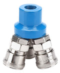 One Quarter Inch NPT Three Way Pneumatic Air Fitting Manifold Block Splitter with quick connects, metal construction
