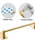 Brushed Gold Self Adhesive Towel Bar 16 Inch No Drill Stainless Steel Bathroom Wall Rack Stick On Hanging Towel Holder Rust Resistant Easy Install One Pack with adhesive backing and thickened base detail