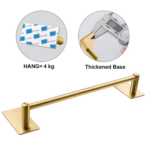 Brushed Gold Self Adhesive Towel Bar 16 Inch No Drill Stainless Steel Bathroom Wall Rack Stick On Hanging Towel Holder Rust Resistant Easy Install One Pack with adhesive backing and thickened base detail