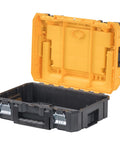 Open TSTAK Long Handle Tool Storage Organizer For Pro Style Gear with Flexible Platform, stackable design, fixed dividers, black and yellow.