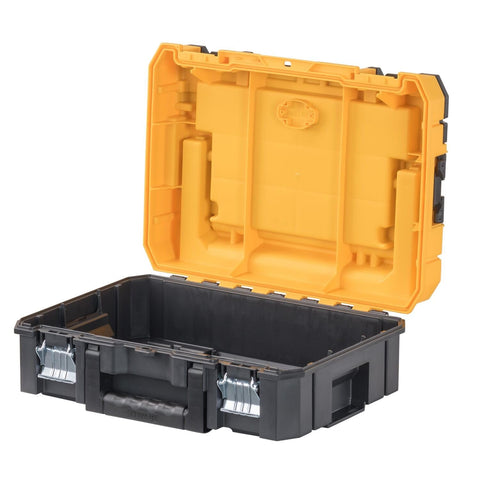 Open TSTAK Long Handle Tool Storage Organizer For Pro Style Gear with Flexible Platform, stackable design, fixed dividers, black and yellow.
