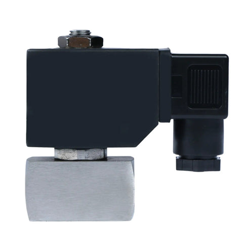 Quarter Inch High Pressure Solenoid Valve 12V DC Stainless Steel Industrial Valve For Water Gas Oil And Fluids Heat Resistant From Minus 76 To Plus 248 Fahrenheit Built Tough With 60 Bar Max Pressure, side view