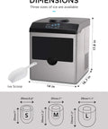 Top Shelf Electric Ice Cube Maker Machine With Integrated Water Dispenser Premium Stainless Steel Countertop Ice Unit dimensions and sizes shown.