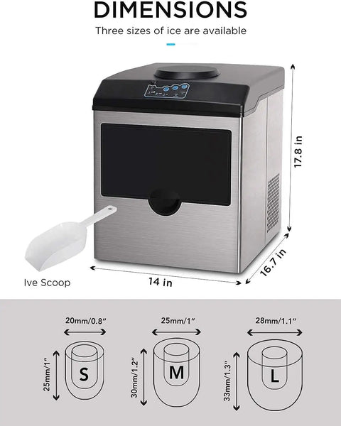 Top Shelf Electric Ice Cube Maker Machine With Integrated Water Dispenser Premium Stainless Steel Countertop Ice Unit dimensions and sizes shown.