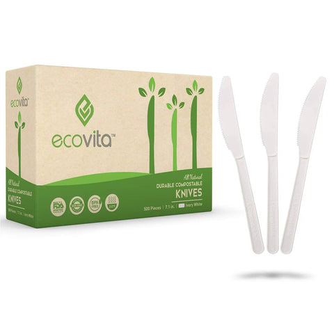 Compostable Knives Set 7 Inch Large Disposable Utensils Bulk Pack of 500 Eco Friendly Durable Heat Resistant Alternative to Plastic with Convenient Tray Ivory White Perfect for Parties Catering Events Picnics