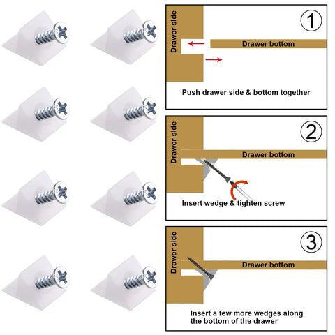 Diagram of 100 Pack Fixing Wedges For Sagging Drawers, 90 Degree Plastic Angle Brackets With Screws For Furniture Drawer Bottom Repair