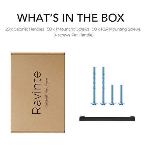 Box and contents of 25 Pack Six And One Quarter Inch Square Cabinet Handles Slick Matte Black Stainless Steel Drawer Pulls For Kitchen Hardware Center To Center Six And One Quarter Inch Durable Finish Easy Install Modern Update For Cabinets And Drawers with screws displayed.