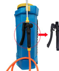 Three Piece Replacement Sprayer Handle Kit for Wand and Trigger Sprayers shown installed on blue backpack tank with orange hose