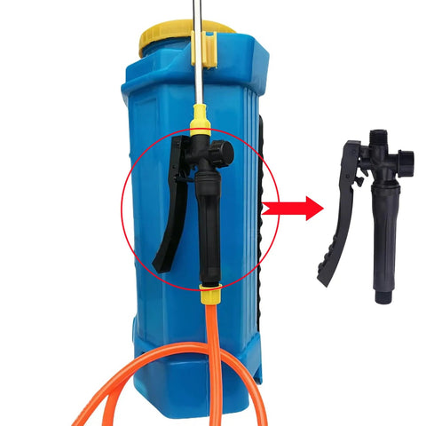 Three Piece Replacement Sprayer Handle Kit for Wand and Trigger Sprayers shown installed on blue backpack tank with orange hose
