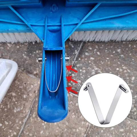 Stainless Steel V Shaped Pool Clip Universal Set For One And A Quarter Inch Poles with quick lock, shown on a brush attachment.