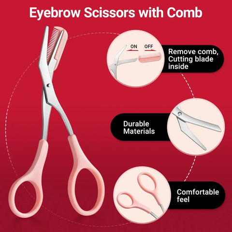 8 In 1 Eyebrow Kit For Women With Case To Elevate Your Brow Game Includes Pointed Flat Slant And Angled Tweezers Trimmer Scissors Razor And Double Sided Brush For Precise Shaping And Daily Facial Hair Cleanup eyebrow scissors with comb, pink handles, durable stainless steel