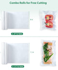 Heavy Duty Vacuum Sealer Bags Rolls Set For Food Storage Commercial Grade 6 Pack Includes Three 11 Inch By 20 Foot And Three 8 Inch By 20 Foot BPA Free Durable Custom Size Sous Vide Ready Bags showing two bag sizes with food