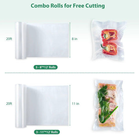 Heavy Duty Vacuum Sealer Bags Rolls Set For Food Storage Commercial Grade 6 Pack Includes Three 11 Inch By 20 Foot And Three 8 Inch By 20 Foot BPA Free Durable Custom Size Sous Vide Ready Bags showing two bag sizes with food