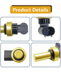 Coolant temperature sensor, brass-gold body with black plastic connector, shown in four views.