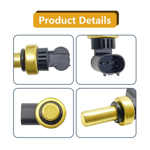 Coolant temperature sensor, brass-gold body with black plastic connector, shown in four views.