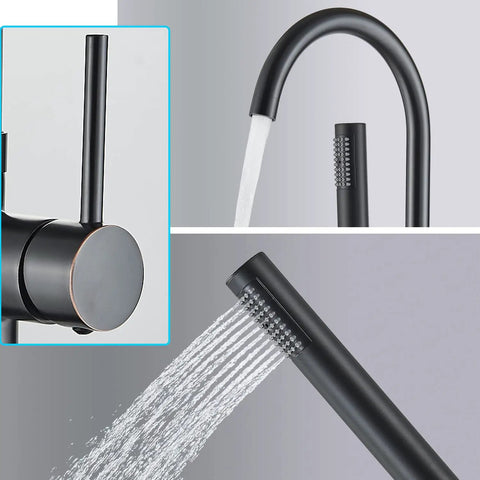 Oil Rubbed Bronze Floor Mounted Bathtub Faucet With Go-To Free Standing Design Hot And Cold Water Taps With Handheld Shower And 150cm Hose Three Eighths Inch Connectors Drip Free Ceramic Disc Cartridge showing spout and shower stream