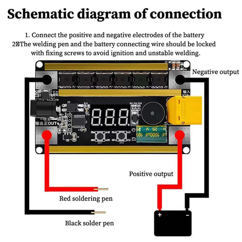 Schematic diagram for Spot Welder With Three Modes And Digital Power Control, showing connection wires and battery voltage display.