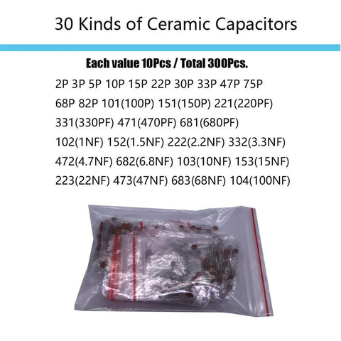 Bag of ceramic capacitors from All In One Electronic Component Kit With 1390 Pieces Including LED Diodes, Metal Film Resistors, Electrolytic Capacitors, Ceramic Capacitors, Common Diodes And Transistors In Handy Storage Box.