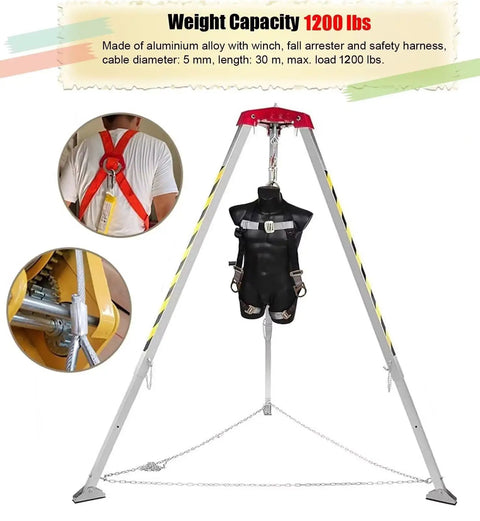 Beefy Aluminum Rescue Tripod For Confined Space Operations With Two Six Zero Lbs Winch And Harness, 1200 lbs capacity, overhead rescue setup.