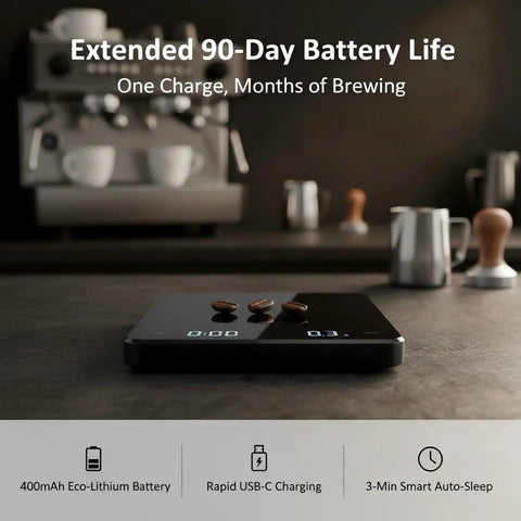 Barista-Grade Coffee Scale With Timer 3Kg Capacity, 0.1g Precision Digital Espresso Scale showcasing battery life and USB-C charging.