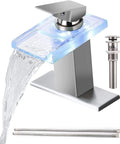 Lit LED Powered Water Glow Bathroom Faucet With Chrome Waterfall Vanity, Single Handle 1 Hole Sink Open Glass Spout Includes Pop Up Drain And 2 Supply Lines Brushed Nickel Finish