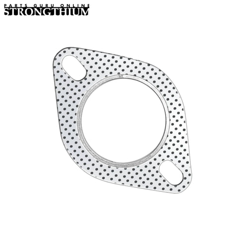 2.25-inch exhaust pipe flange gasket with two bolt holes, graphite with fire ring, front view