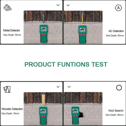 Pro Level Wall Detector And 4 In 1 Stud Finder Featuring Crisp Digital Screen To Ace Home Upgrades By Snagging Hidden Wood Metal Ac Wires Center Scanner Tool functionalities test showing metal, AC, wood, and void detection.