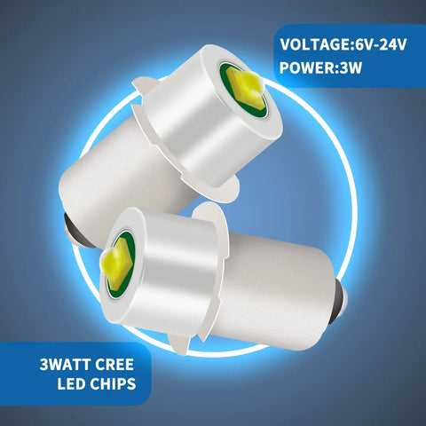 2 Pack LED Flashlight Replacement Bulbs PR2 P13.5S 3W 247LM For 6 To 24V Range Lights showing two bulbs with specifications