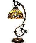 Tiffany Style Stained Glass Table Lamp With Bronze Metal Leaf Base, 21 Inch Tall, 8 Inch Shade, Elegant Victorian Desk Reading Light