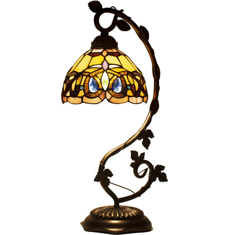 Tiffany Style Stained Glass Table Lamp With Bronze Metal Leaf Base, 21 Inch Tall, 8 Inch Shade, Elegant Victorian Desk Reading Light