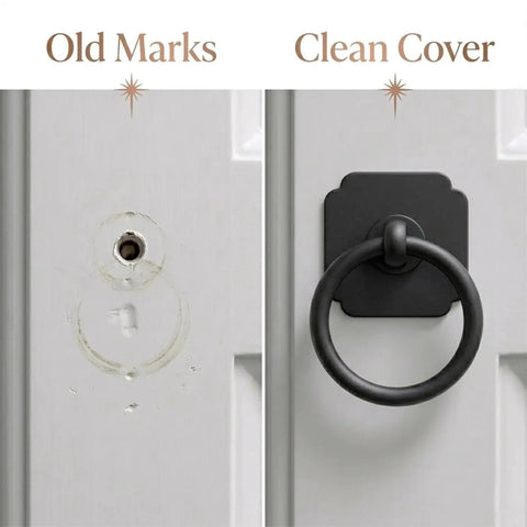 2 Pack Matte Black Ring Pull Cabinet Handles With 1.6 Inch Backplates covering old marks on a white door.